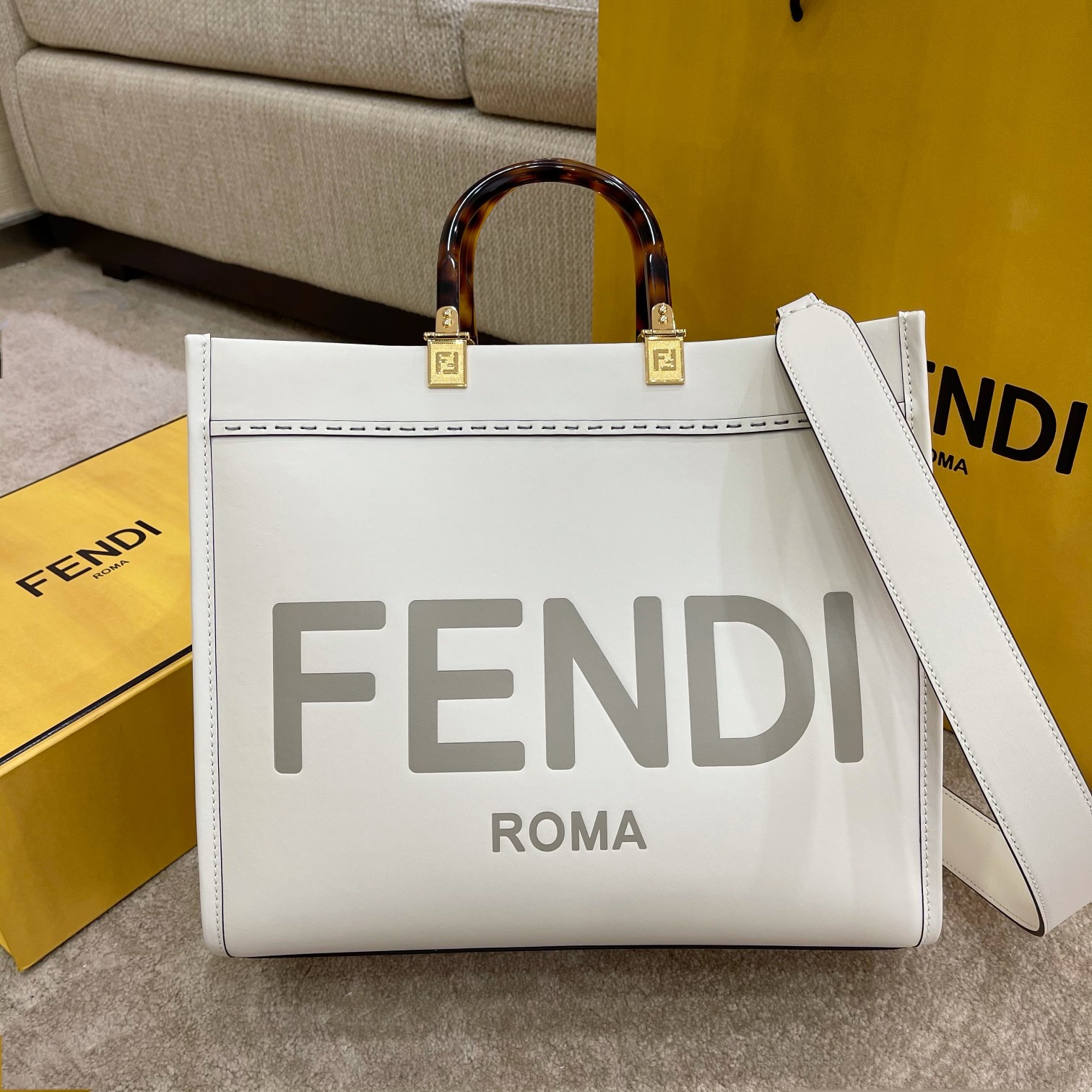 Fendi Medium Sunshine Shopper White Leather Bag